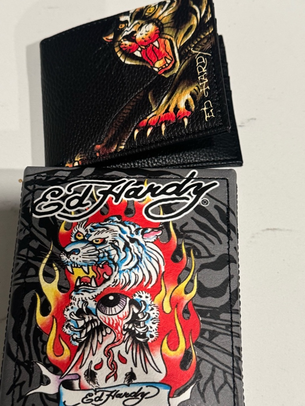 Ed Hardy Black Wallet with Multi-Color Tiger and Flame Artwork